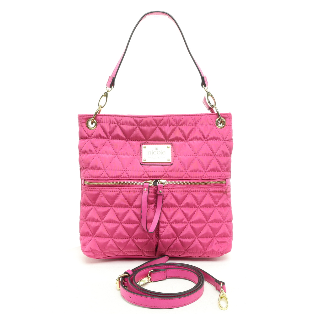 Nicole Miller Quilted Shoulder Purse Crossbody Bag Women 11x11x2 Pink/Gold